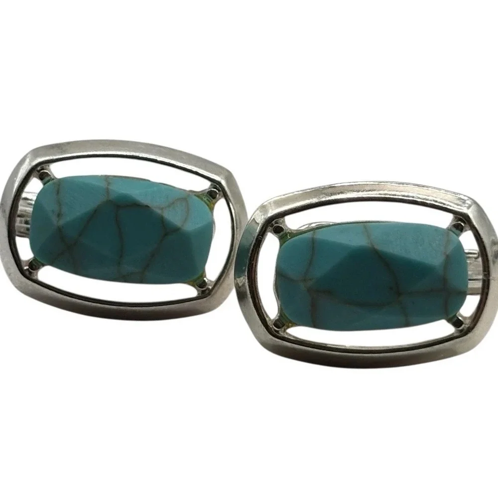 Faux Turquoise Clip On Earrings Silver‎ Tone Vintage TJG The Jewelry Group Open